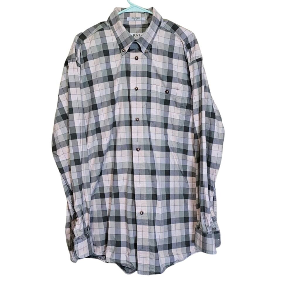 Orvis Button Up Long Sleeve Shirt Green Cream Plaid Size XL Tall Outdoor Hiking